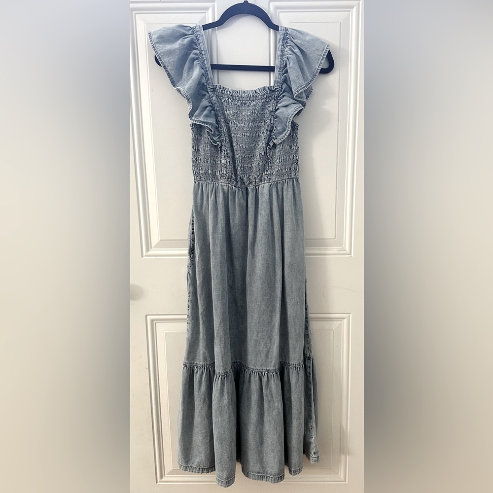 Gap Smocked Ruffle Sleeve Denim Dress